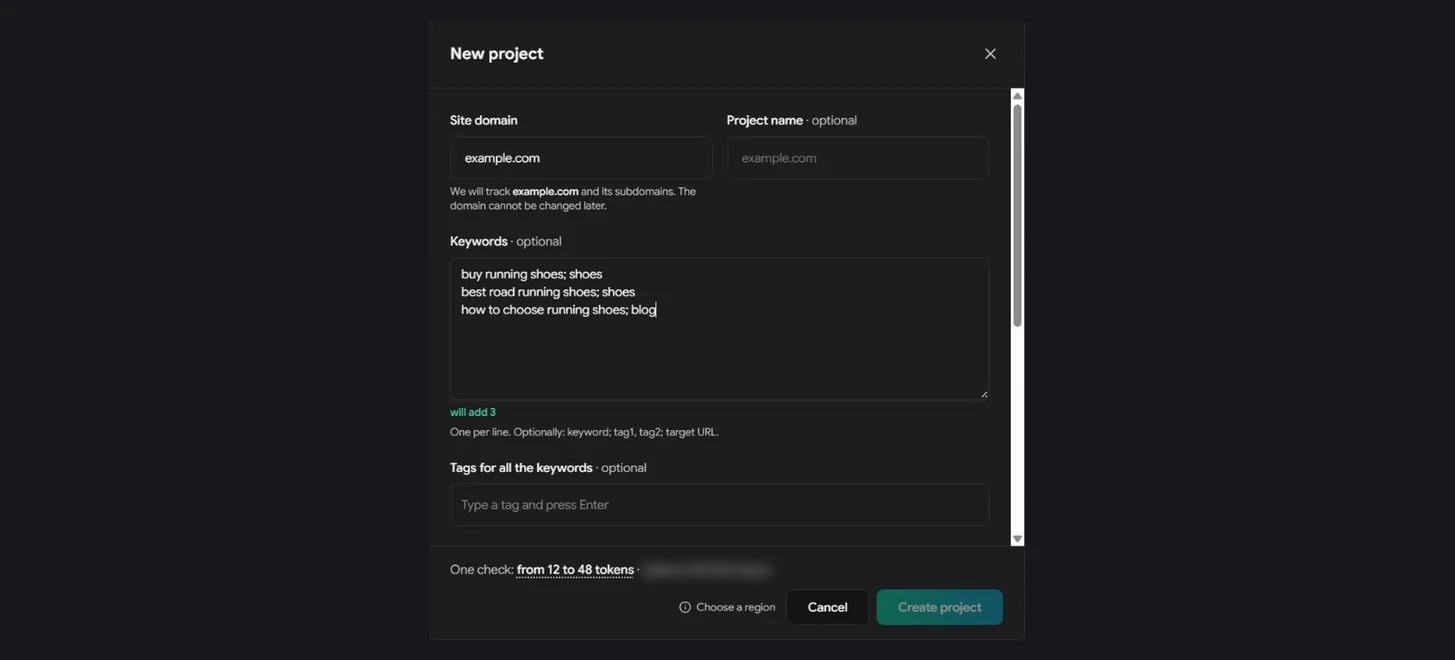 New project: domain, keywords with tags and target URLs, region and depth