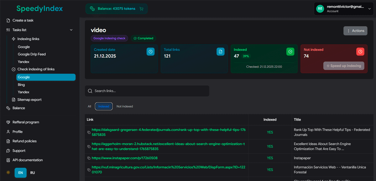 Google index check results dashboard displaying Indexed vs Not Indexed URL counts