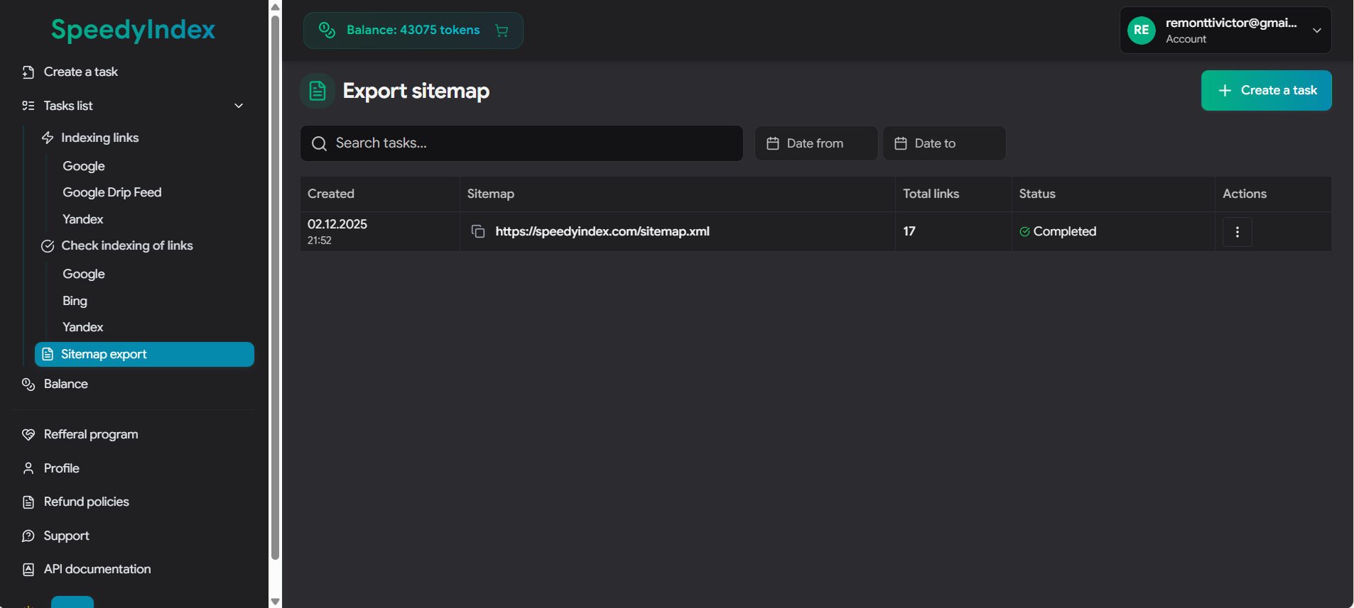 SpeedyIndex Dashboard: Sitemap Import Tool interface
