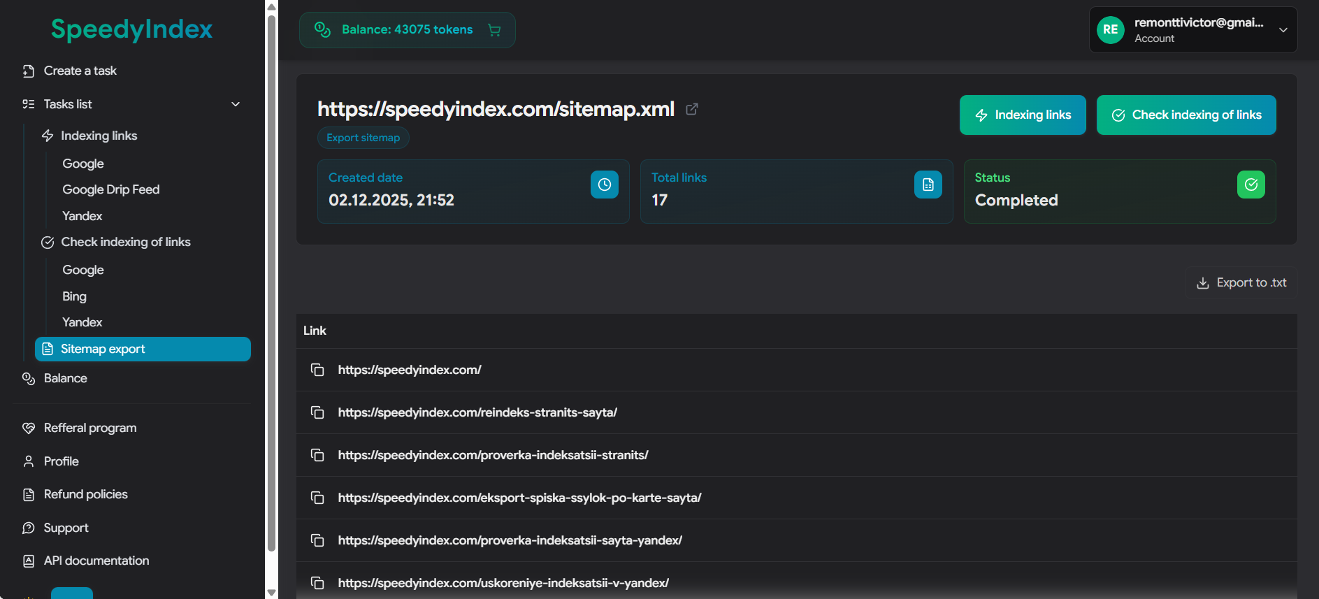 Extracted URL list in SpeedyIndex Web App ready for checking
