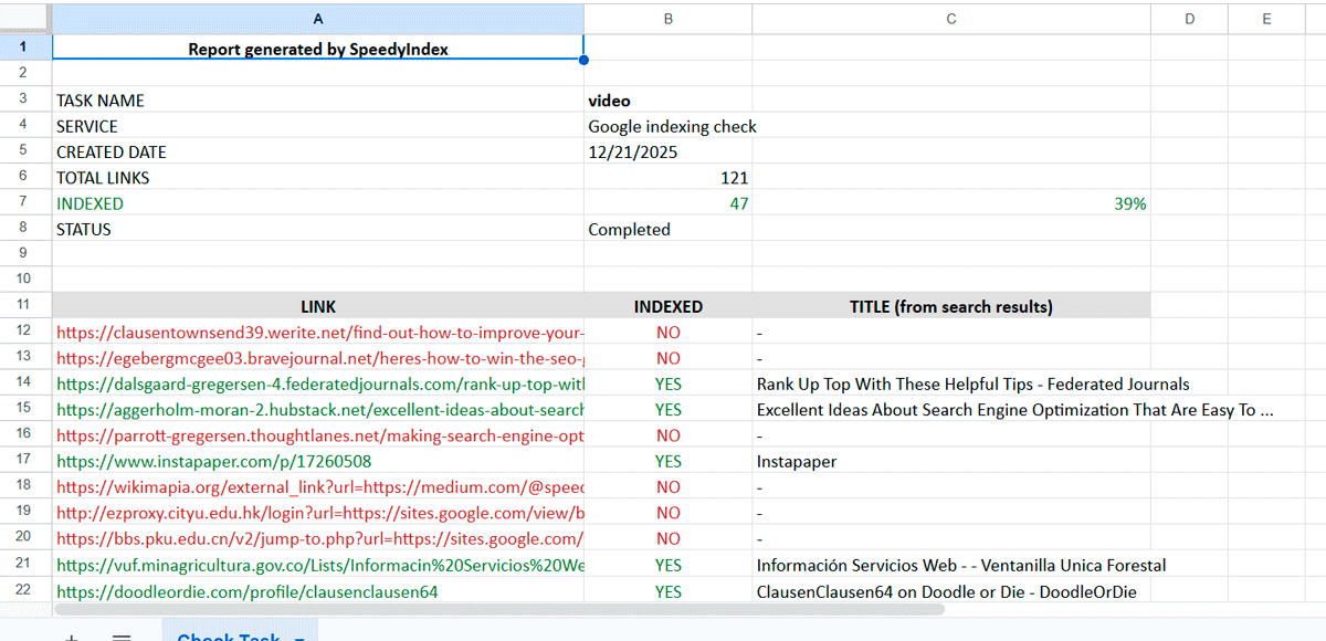 Downloadable Excel report example showing detailed Google indexation data and page titles