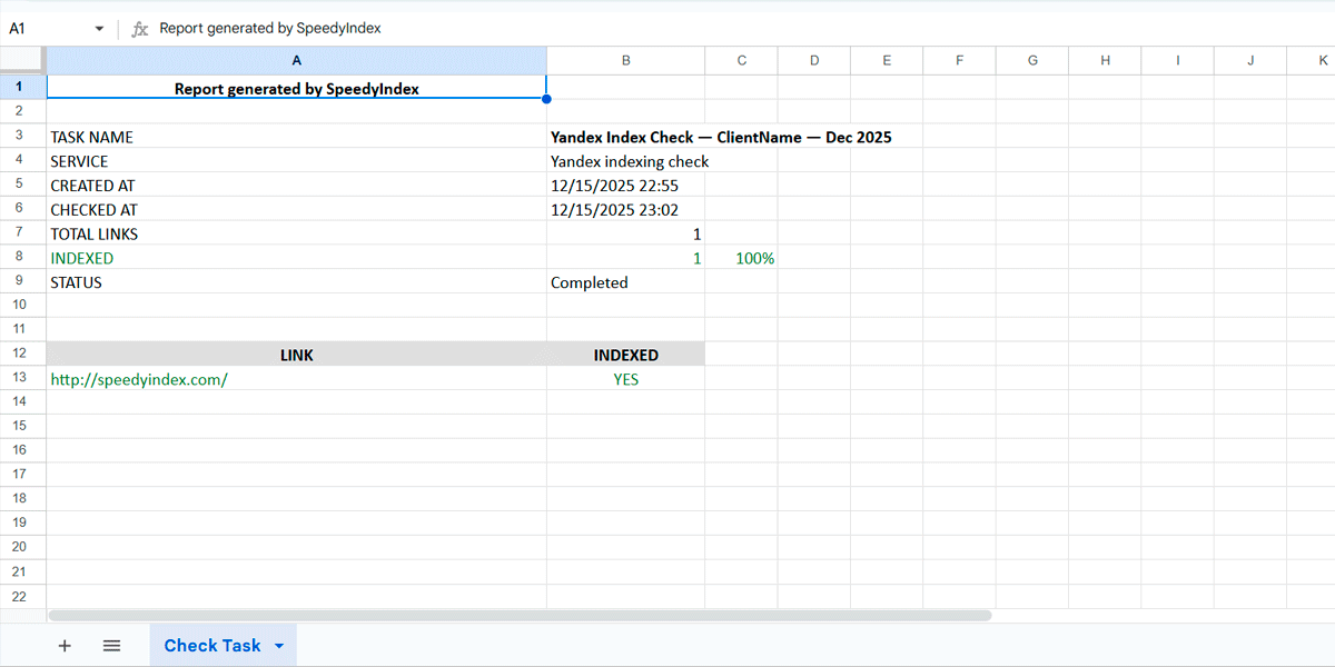 Yandex Indexing Report Example in Excel Format