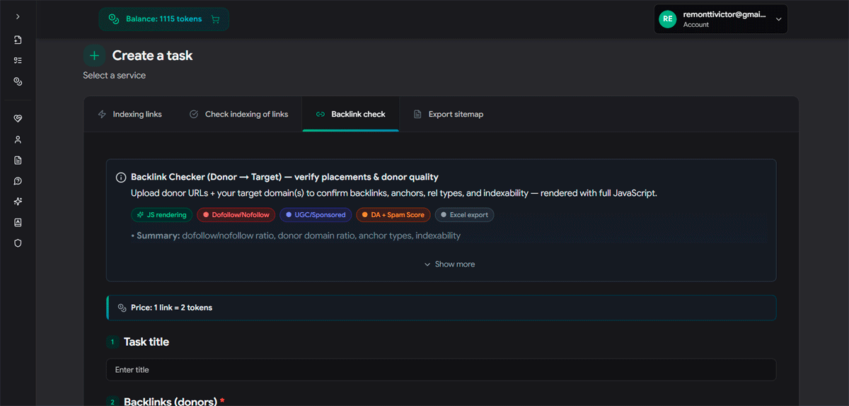SpeedyIndex Backlink Checker Dashboard showing the creation of a new task