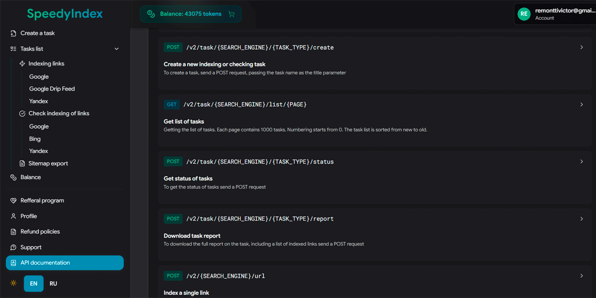 SpeedyIndex API panel showing endpoints for the Yandex index checker API and single link indexing.